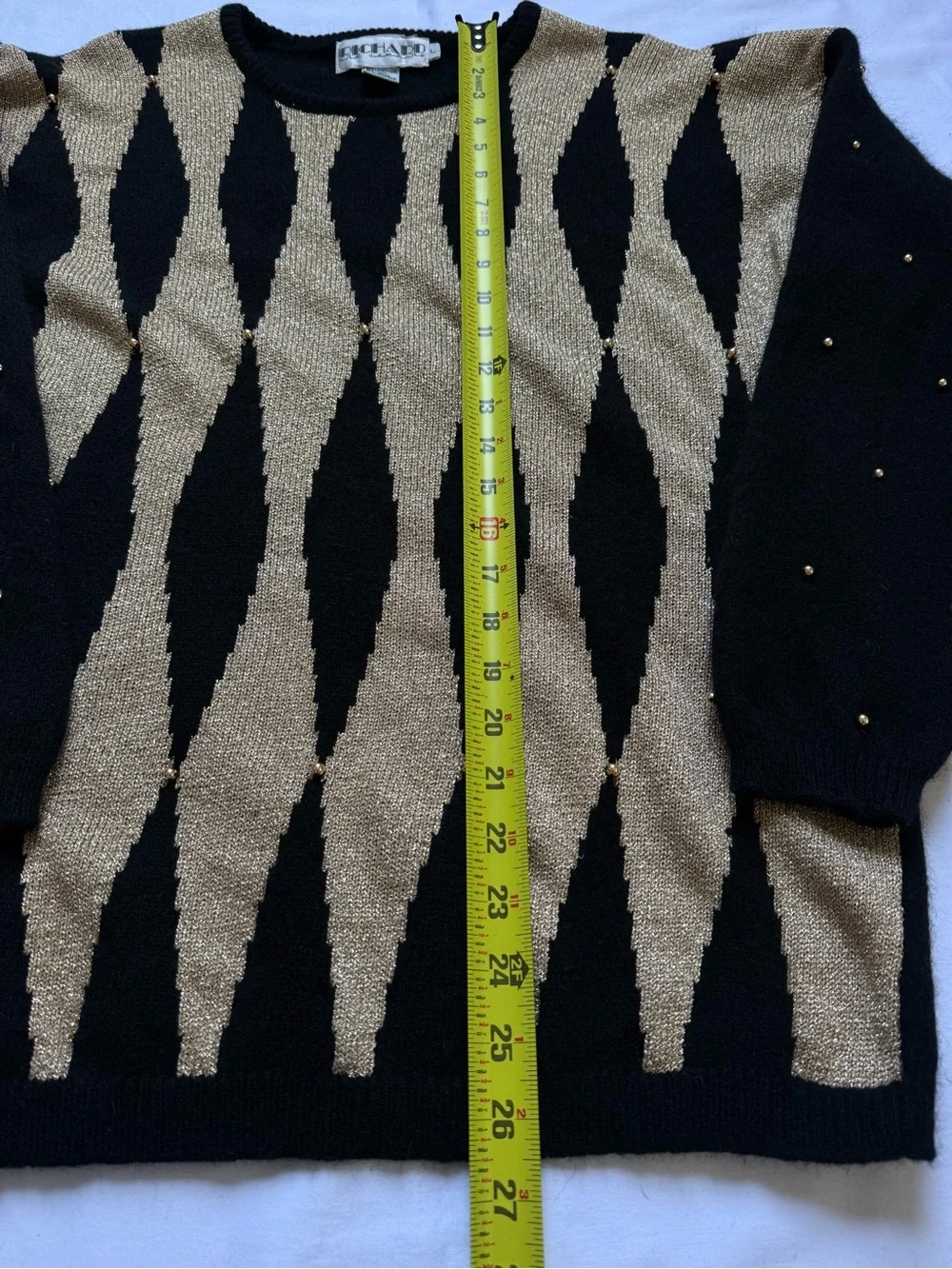 Vintage 80s/90s Black & Gold Diamond-Pattern Crewneck Sweater - Women